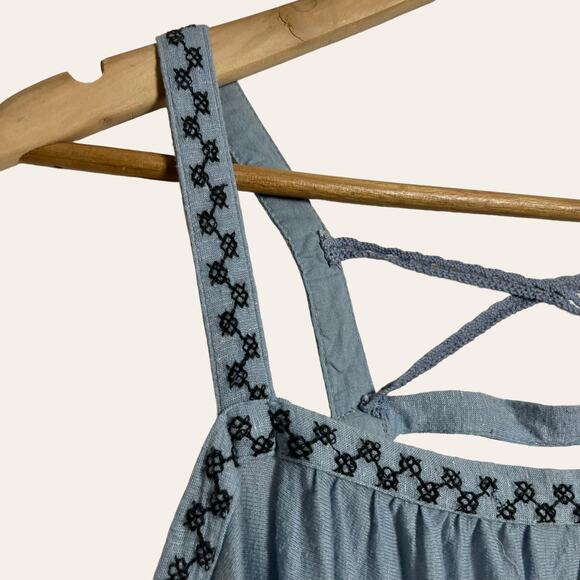 Free People Blue New World Embroidered Bohemian Cold Shoulder Peasant Top Size M - Picture 5 of 11